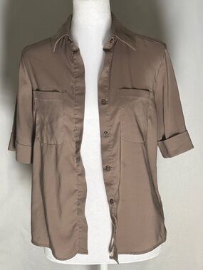 Express Satin Button Up Blouse Womens XS Brown Short Sleeve Minimal Chic Top